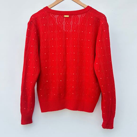 St. John Sport Red V-Neck Sequin Wool Sweater Medium Sparkle Knit Pullover - Picture 3 of 13